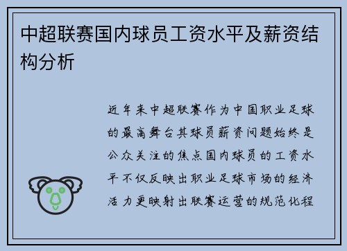 中超联赛国内球员工资水平及薪资结构分析
